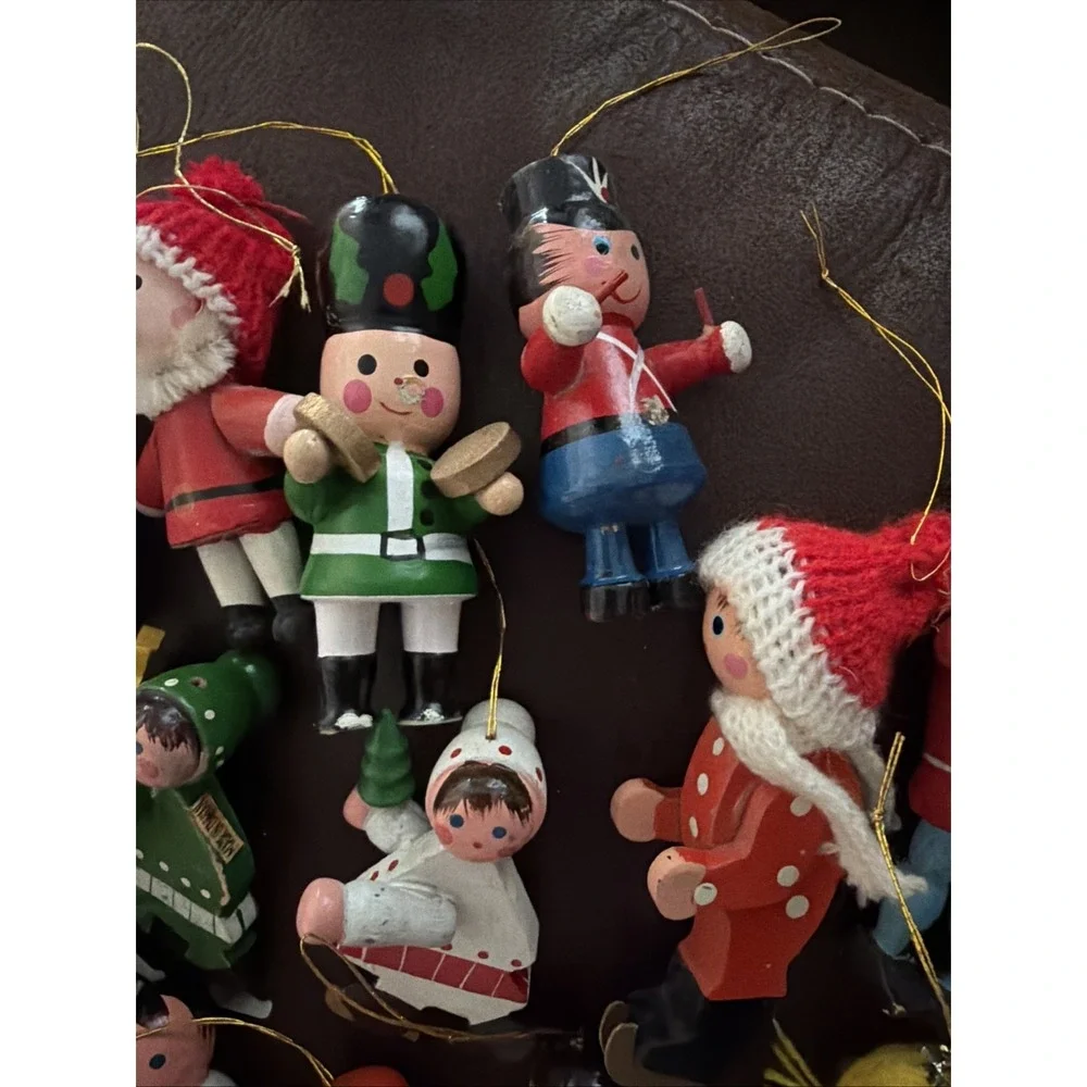 VTG Small Wooden Christmas Ornaments Lot Of 16 Santa, Snowman, Mrs. Santa, Skate